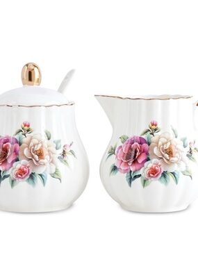 Floral Porcelain Creamer and Sugar Set with Gold Trim